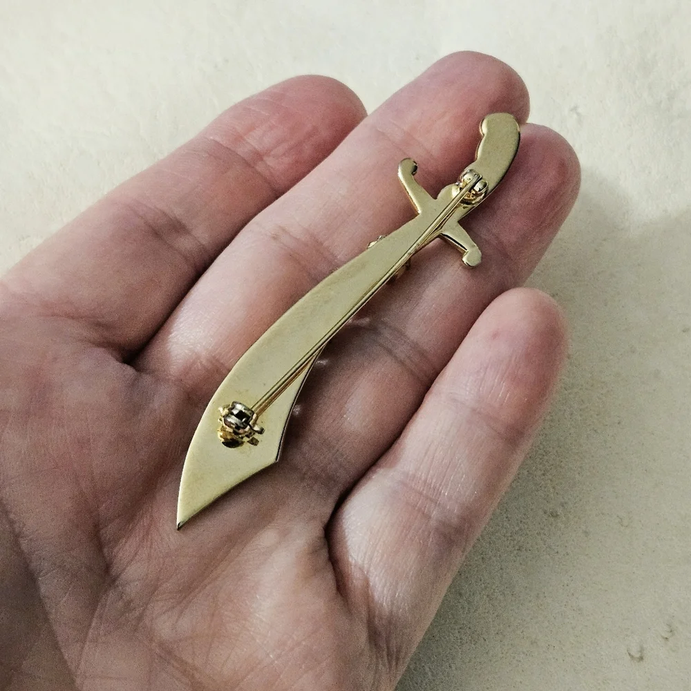 VTG Goldtone Scimitar Sword Brooch with Faux Pearl Accents-Figural Pin 3